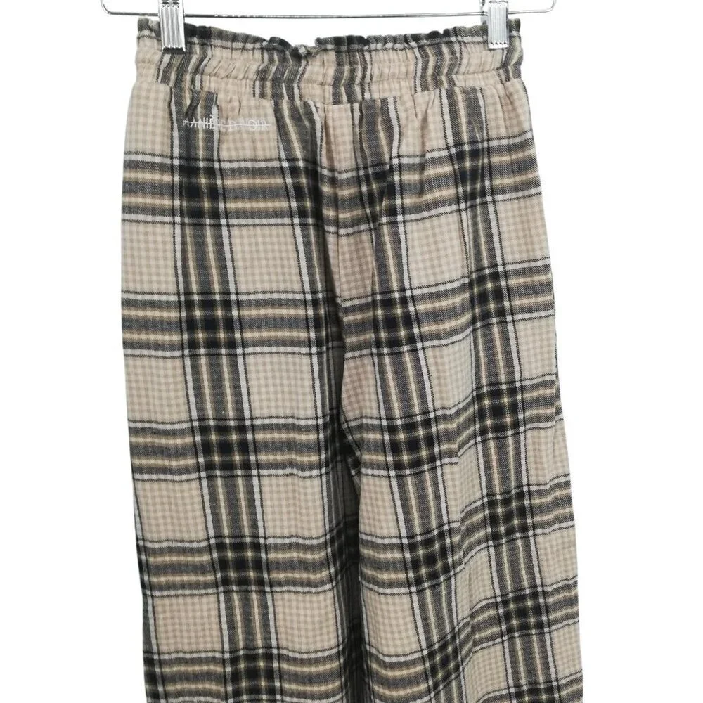 Maniere De Voir Plaid Flannel Wide Leg Pull On Elastic Waist Pants Size 8 Beige